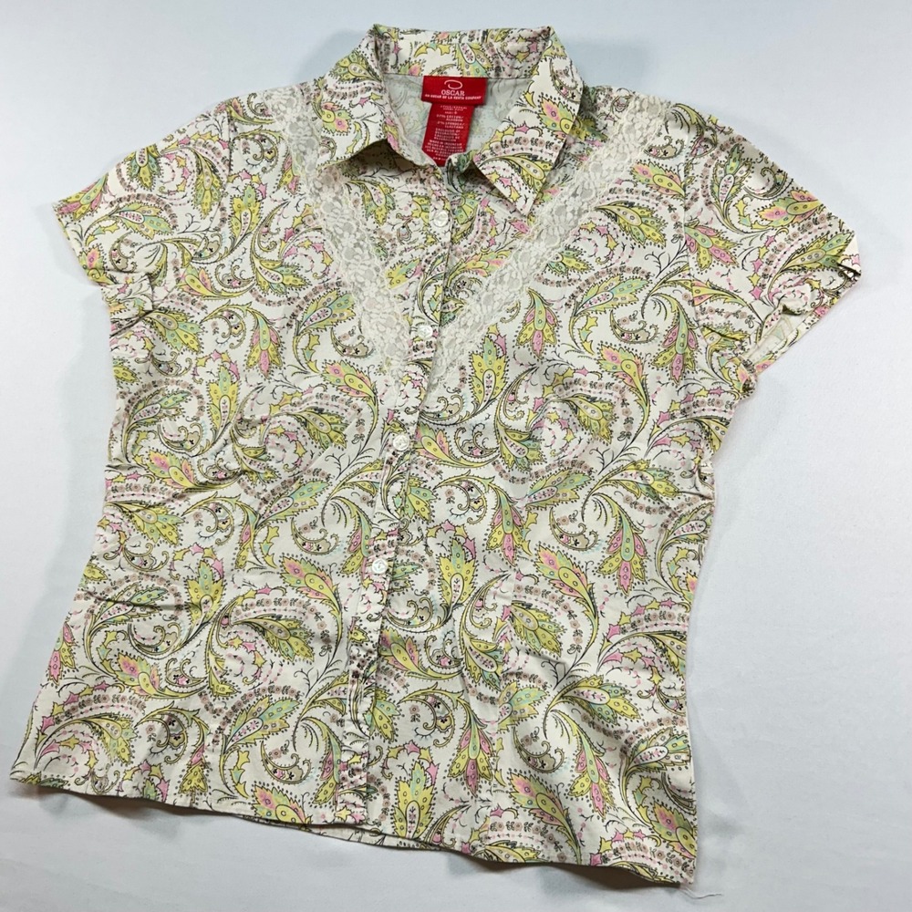 Oscar de la Renta Paisley Lace Trim Button Down Shirt Yellow Pink Womens 6 - Picture 3 of 7